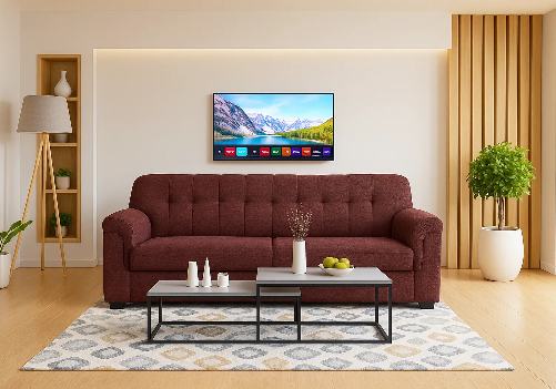 Jute 3 Seater Brown Sofa and Smart TV 32-Inch Combo